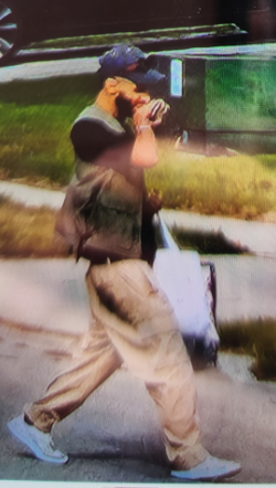 Male, brown skin, 20s  Wearing a blue baseball cap, sunglasses, black t-shirt, khaki vest, beige pants, and white shoes