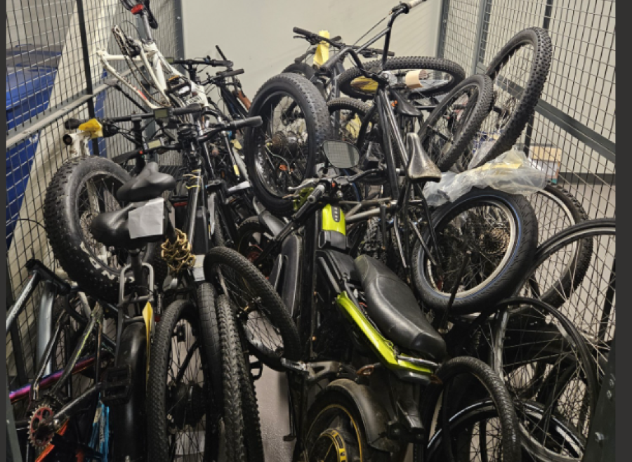 Various bike parts in storage